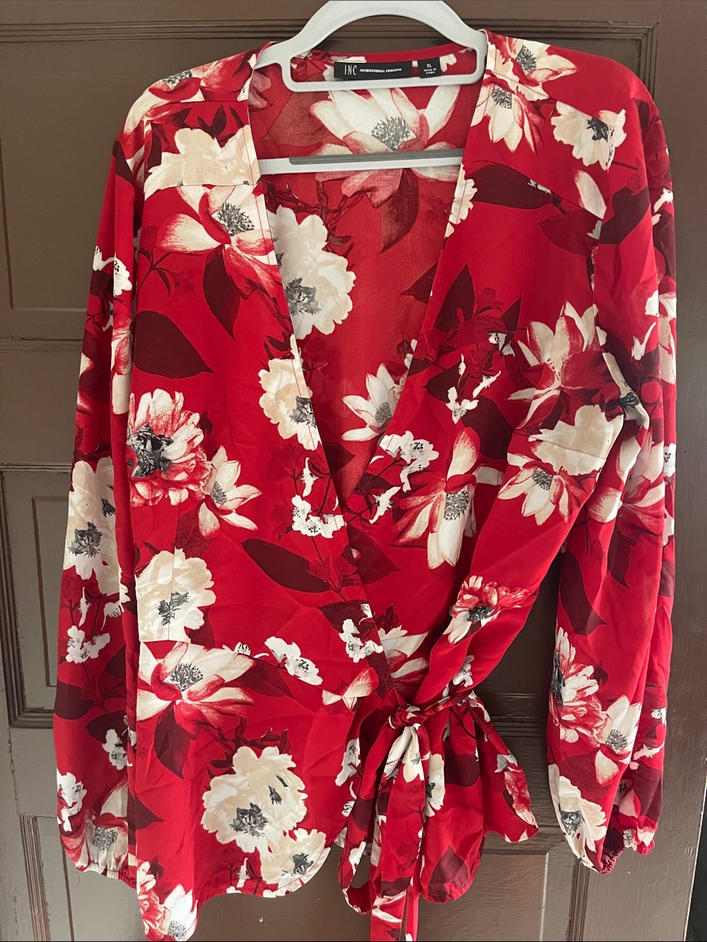 INC International Concepts Red and White Floral Wrap Blouse